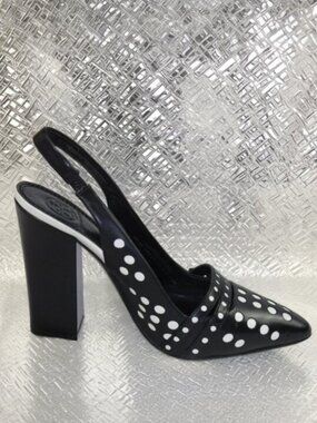 Tory Burch Kay Black Ivory Polka Dot Leather Sling Back Heels, Size 6.5